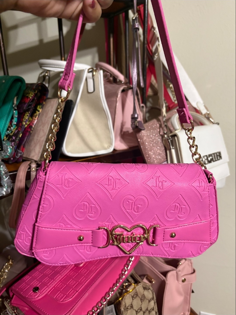 Juicy Couture Hot Pink Embossed Crossbody with Gold Heart Hardware